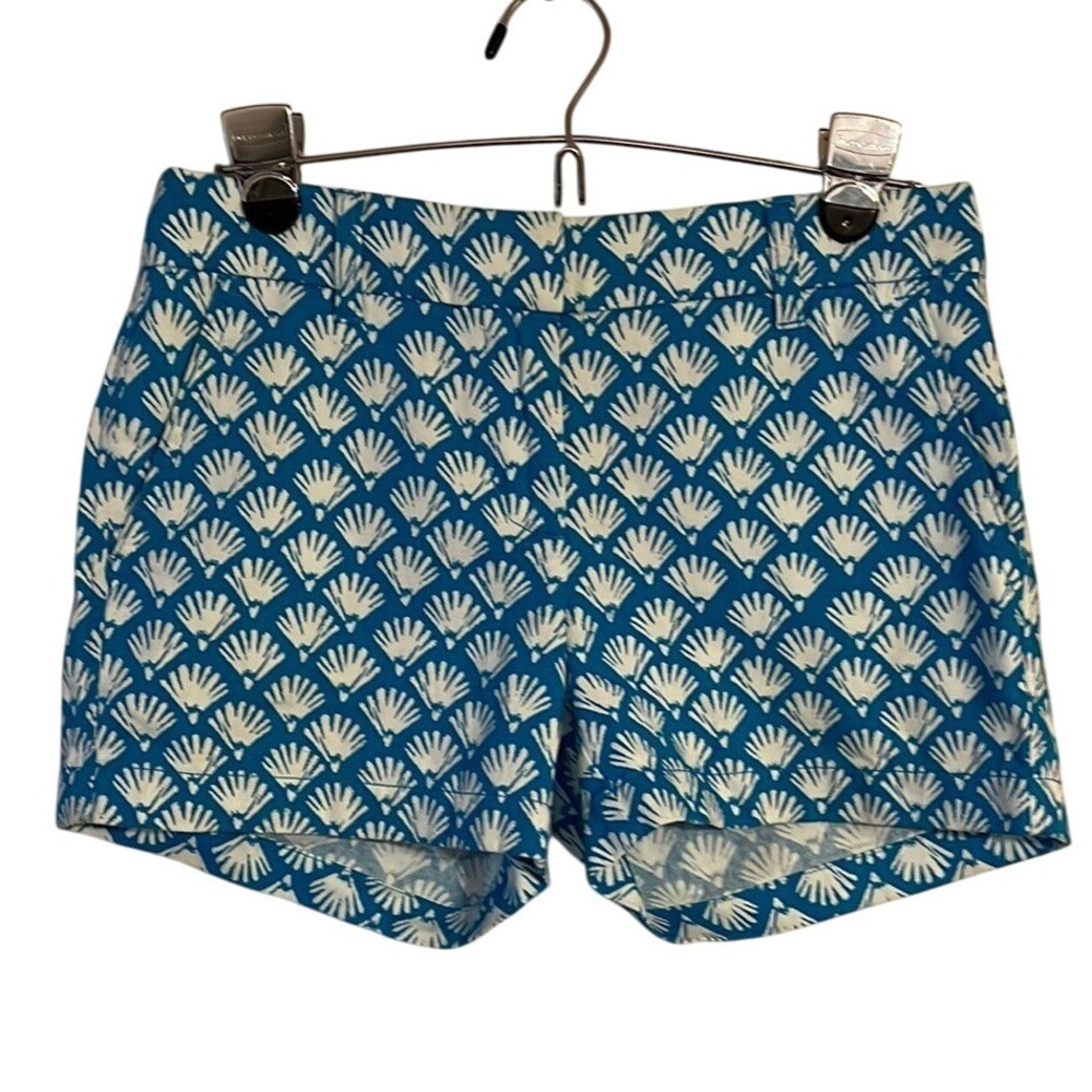 J. Crew Chino Shorts Teal Blue White Seashell Fan Print Women Size 0 XS